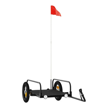 The black bicycle trailer with a red flag on a pole, shown from the front with wheels visible