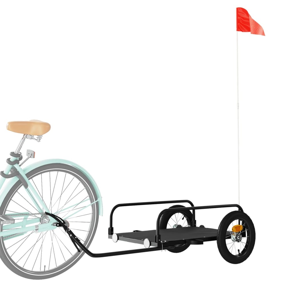 The black bicycle trailer attached to the rear wheel of a bicycle, seen from the side