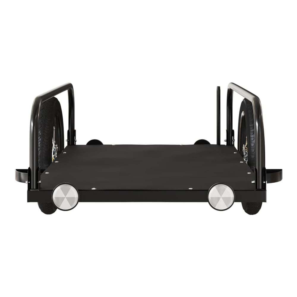 The black bicycle trailer viewed from the back, showing the two wheels and frame structure