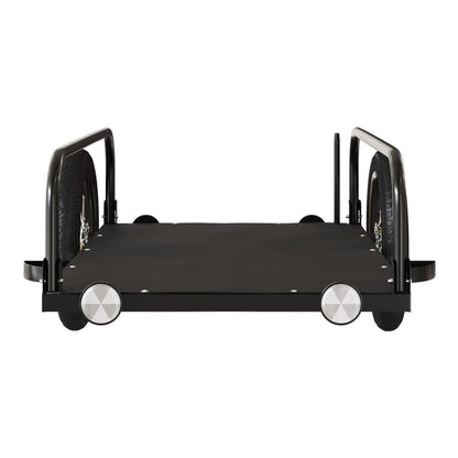 The black bicycle trailer viewed from the back, showing the two wheels and frame structure