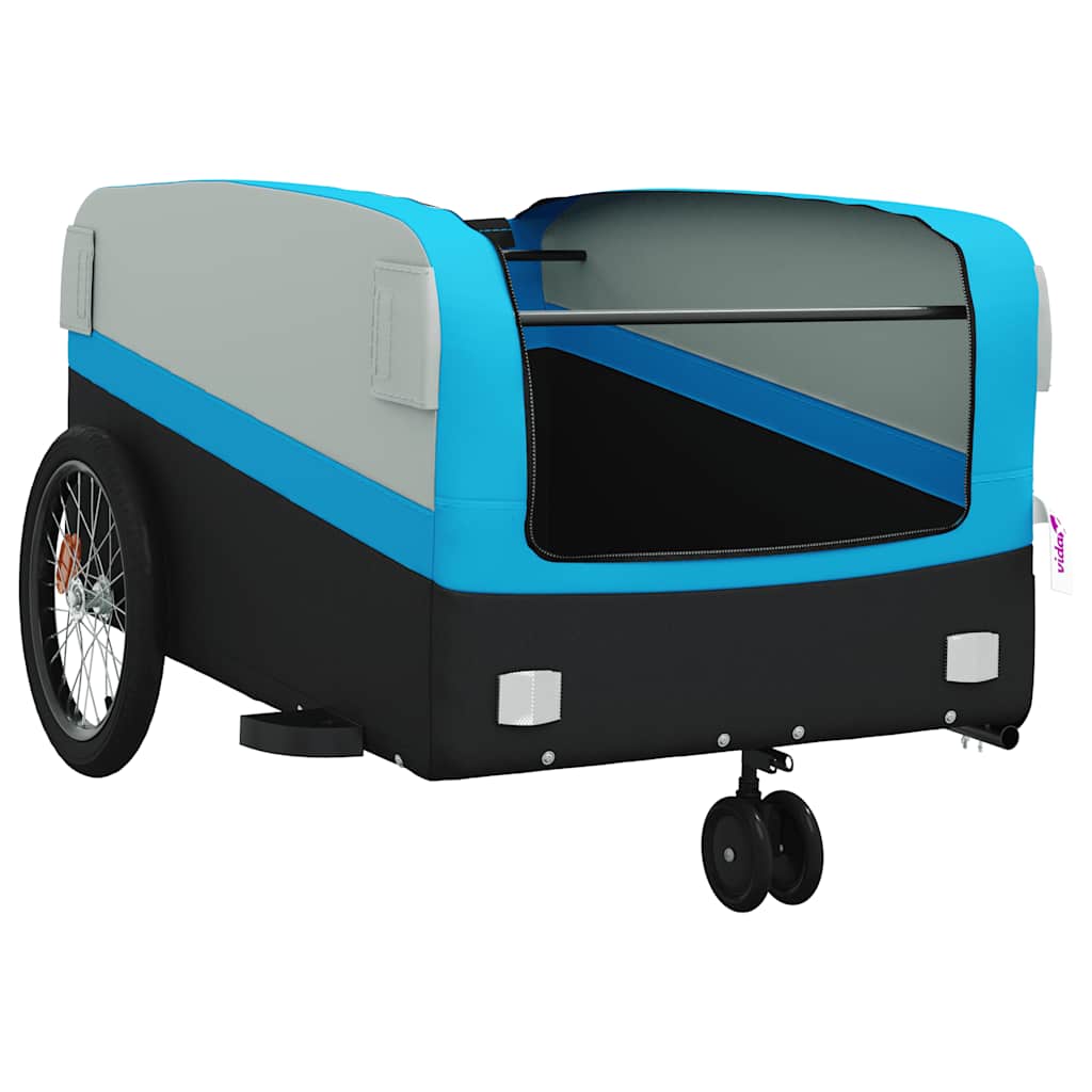 The bicycle trailer with its top flap open, revealing the cargo area