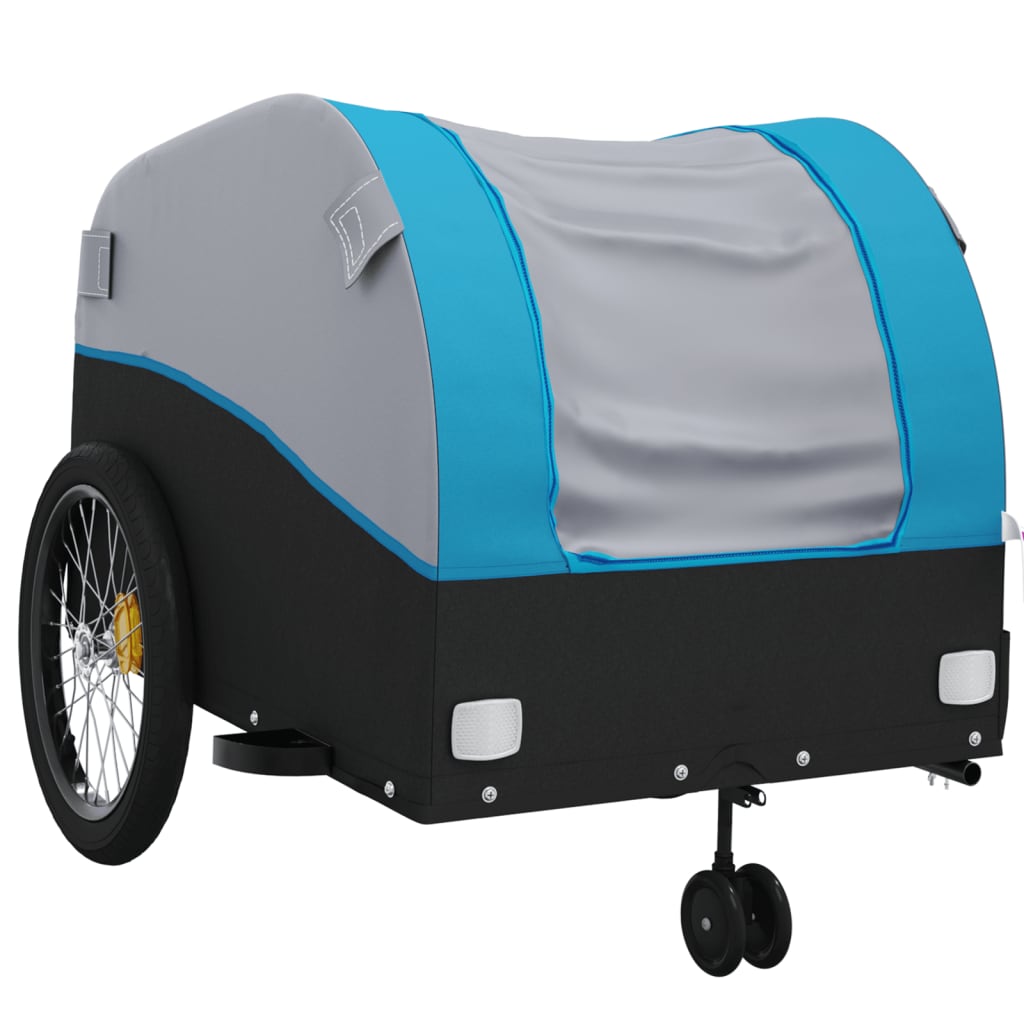 Close-up of the black and blue bicycle trailer showing its wheels and body