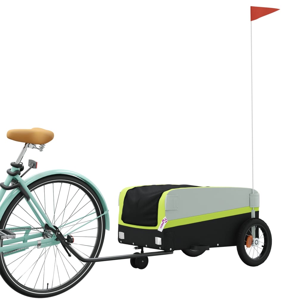 The bicycle trailer connected to the rear wheel of a light blue bicycle