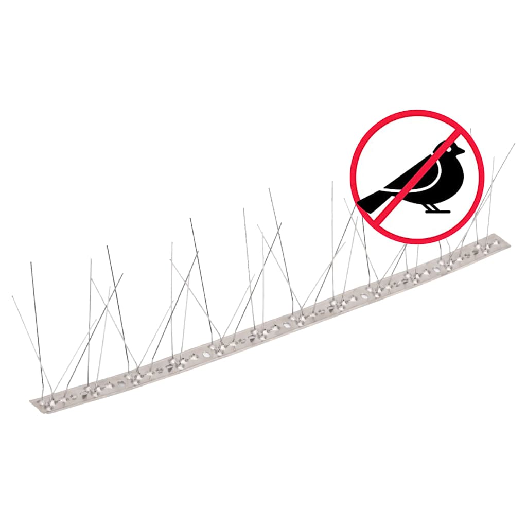 Stainless steel bird spikes with a 'no birds' symbol indicating their purpose