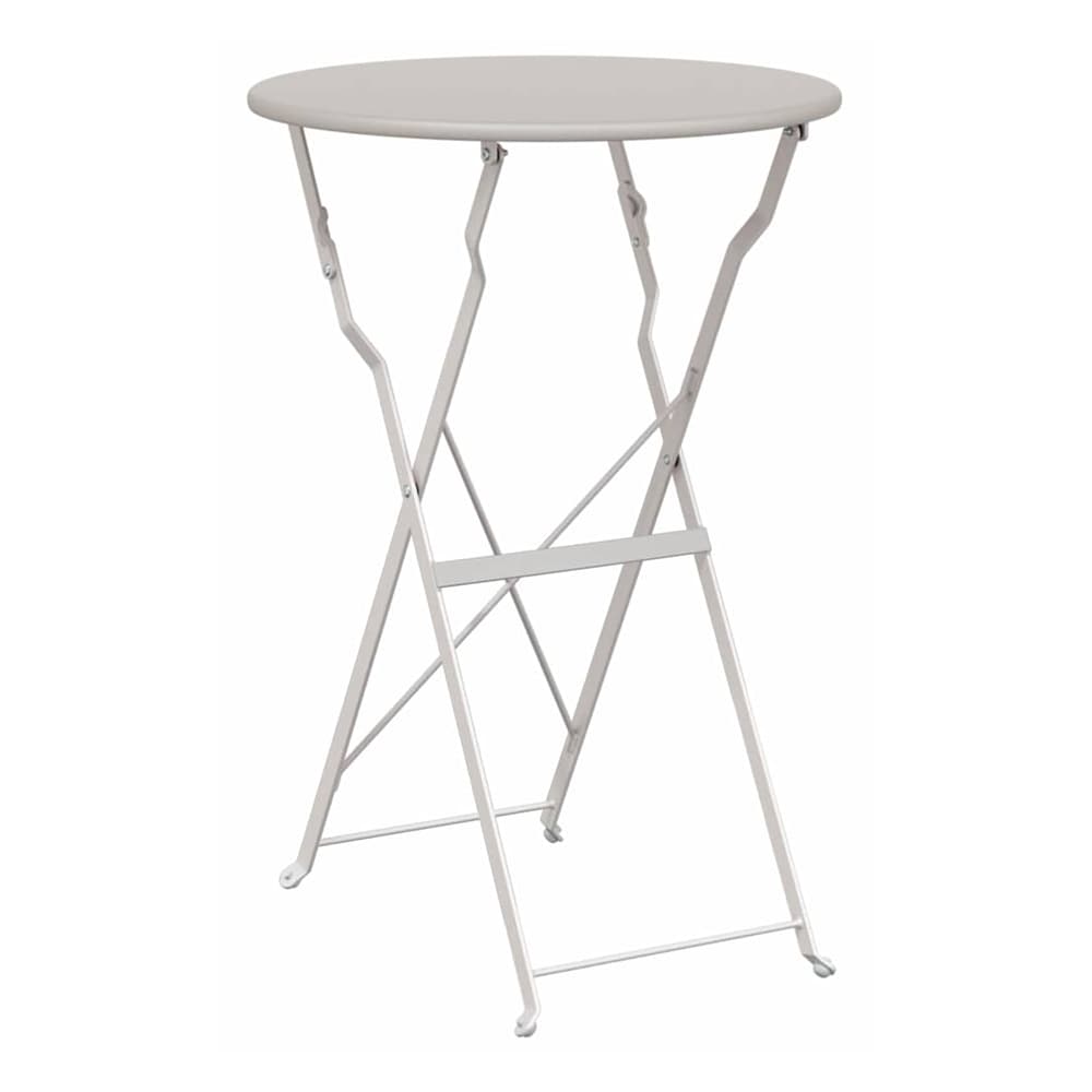The folding bistro table from the front, showing its round top and X-shaped legs