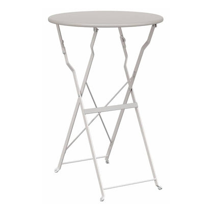The folding bistro table from the front, showing its round top and X-shaped legs