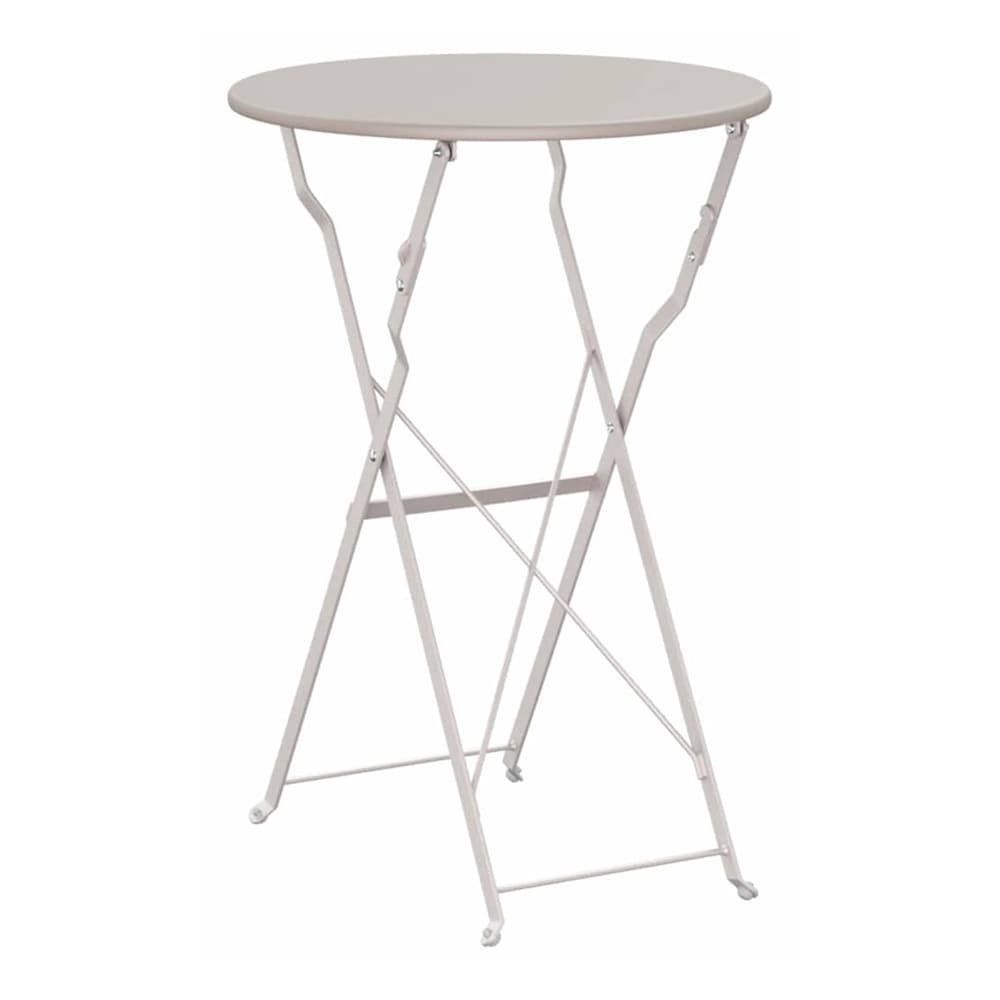 The beige folding table from a side angle, showing its compact form