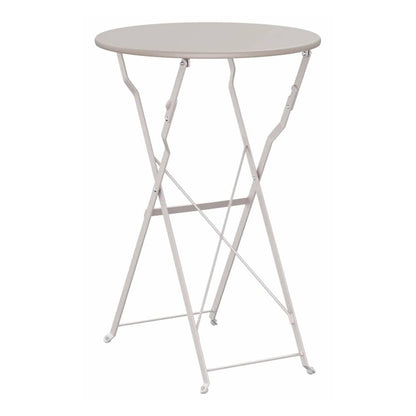 The beige folding table from a side angle, showing its compact form