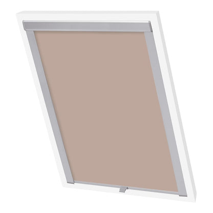 The beige blackout roller blind is partially lowered in a slanted window frame
