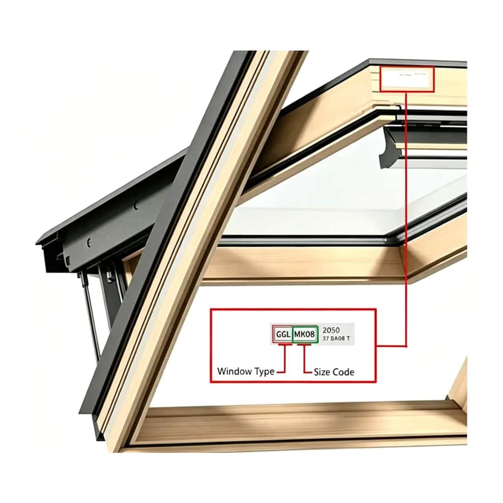 Diagram showing skylight window types and size codes for roller blinds