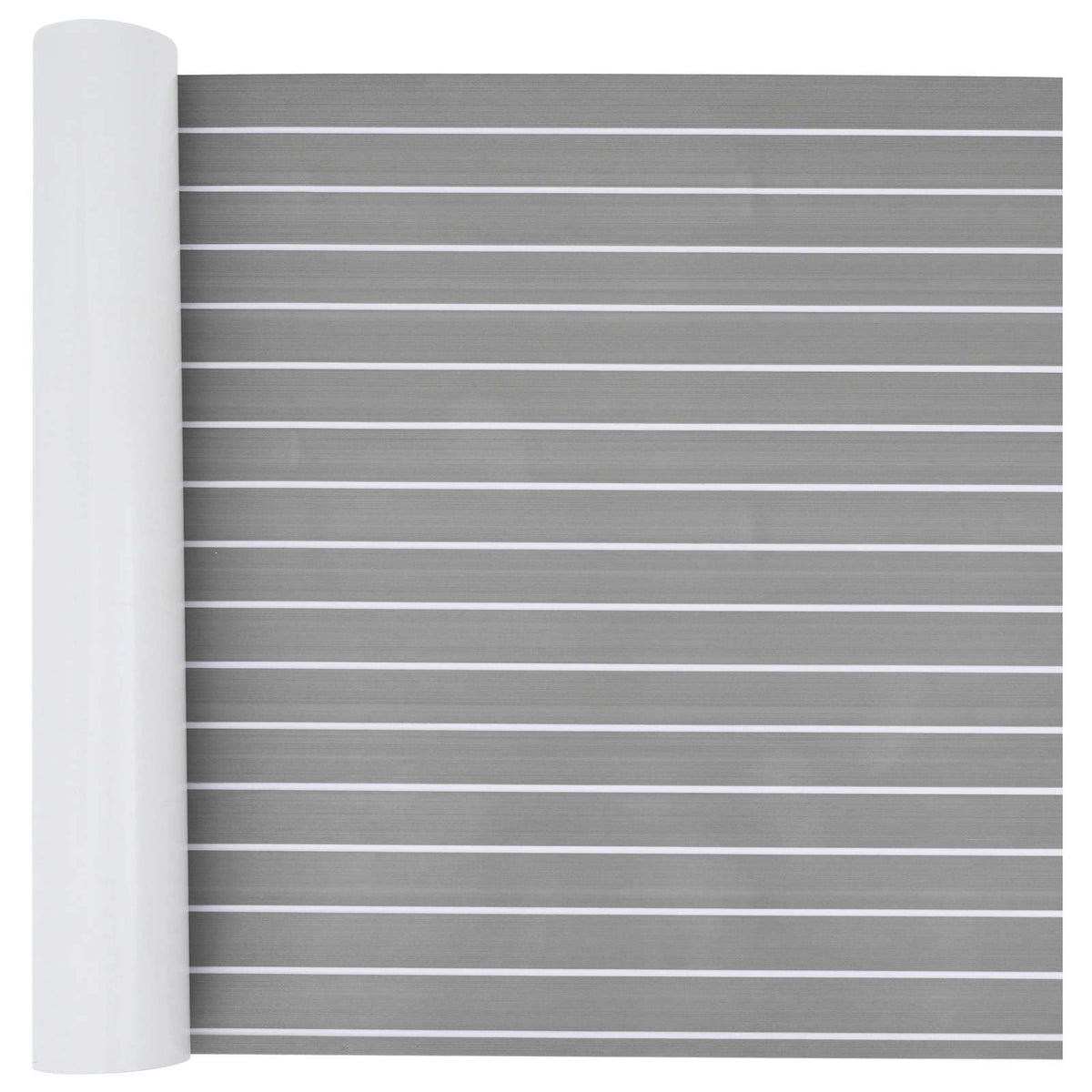 vidaXL Boat Mat Striped Light Grey and White EVA, a rolled-up mat with horizontal white stripes on a grey background
