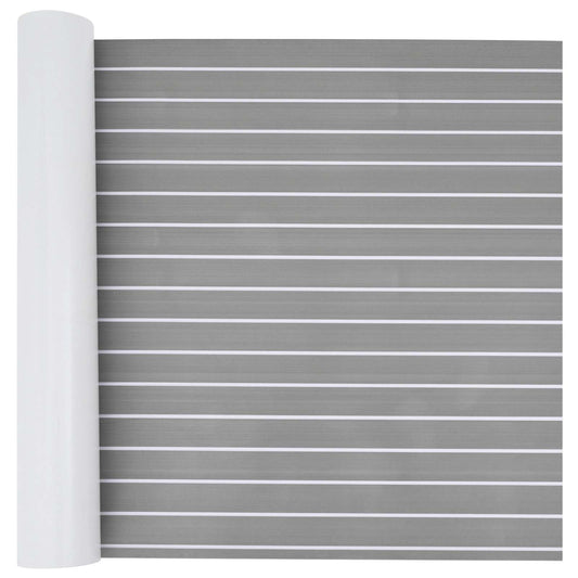 vidaXL Boat Mat Striped Light Grey and White EVA, a rolled-up mat with horizontal white stripes on a grey background