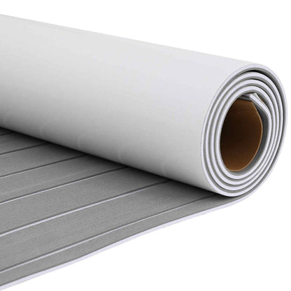 Close-up of the light grey and white striped boat mat, showing the texture and rolled edge