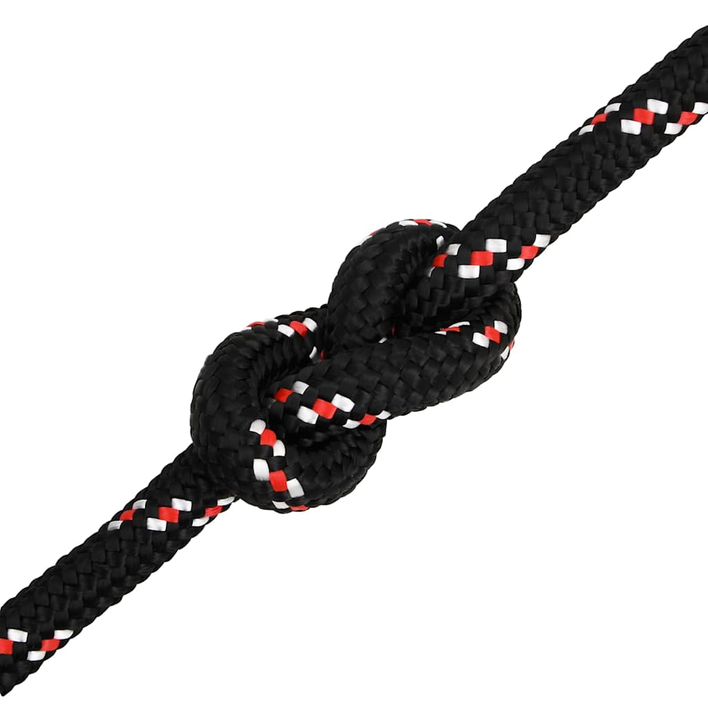 A knot tied in the black boat rope with red and white flecks