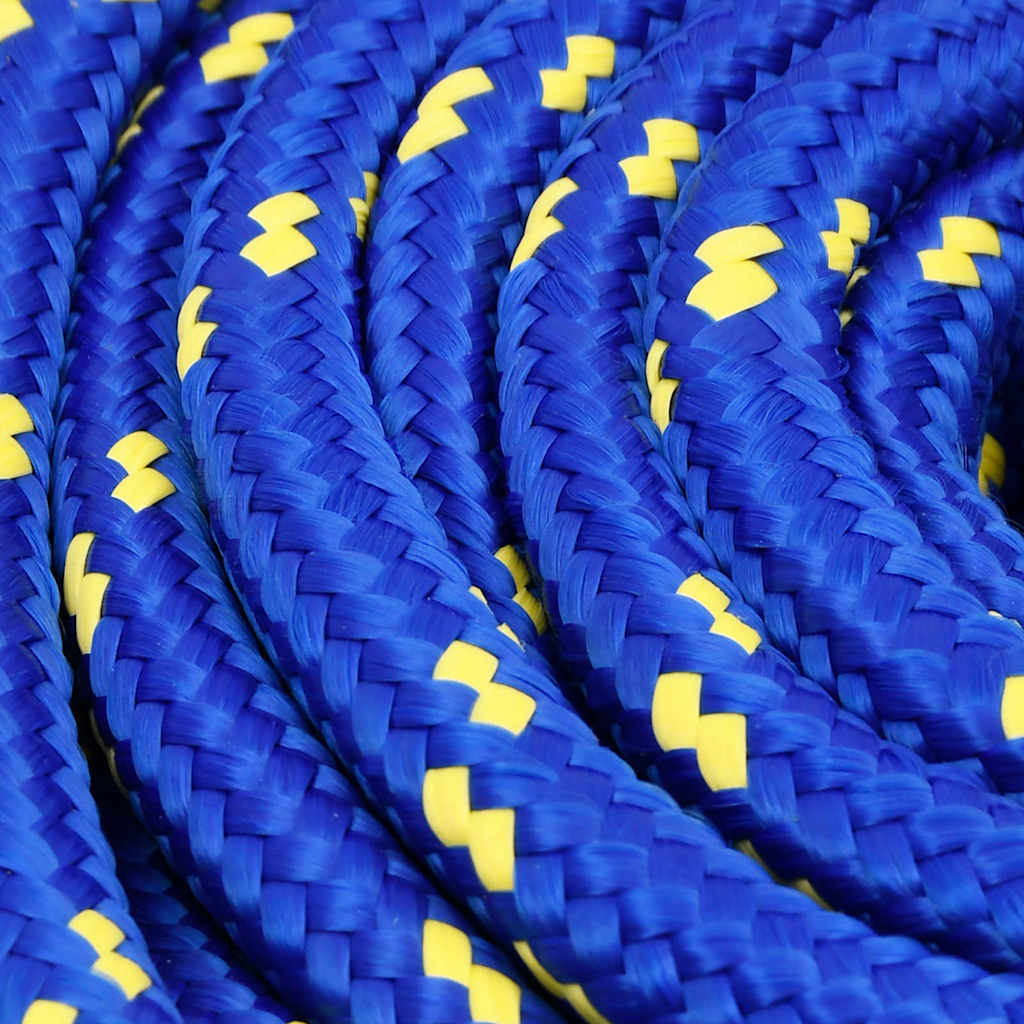 Close-up of the blue boat rope with yellow flecks, showing the braided texture