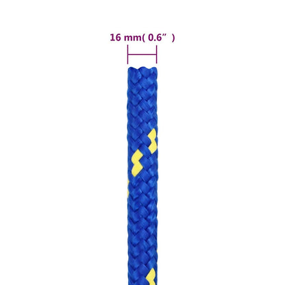 A section of the blue boat rope with a measurement indicating its thickness