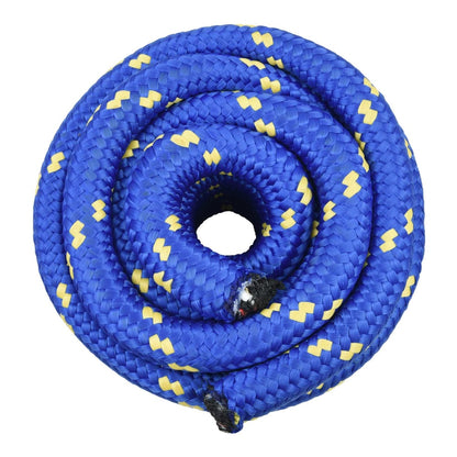 Top down view of the blue boat rope coiled into a circle