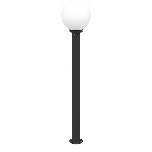 The black bollard lamp with a white globe light on top