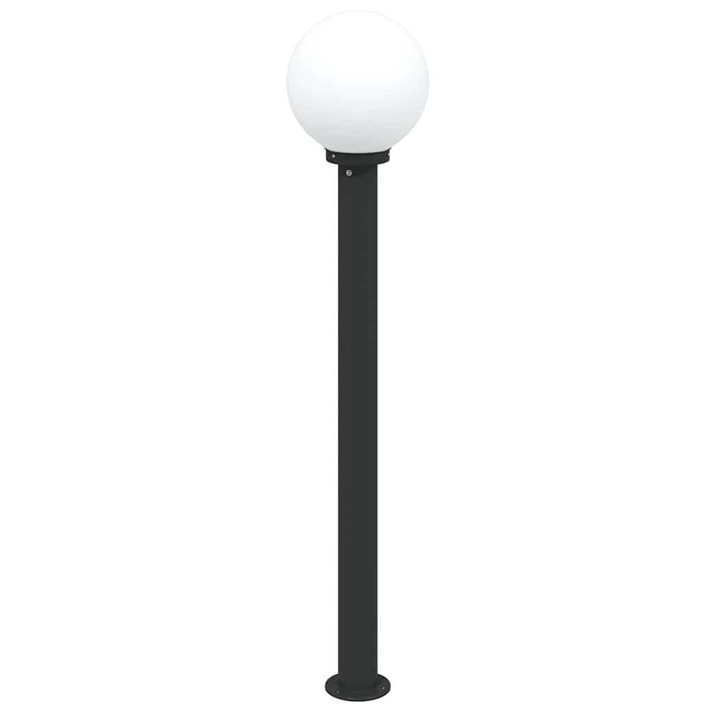 The black bollard lamp with a white globe light on top