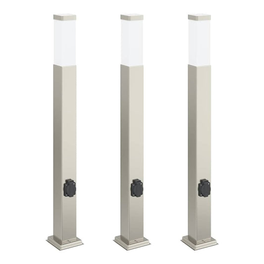 Three stainless steel bollard lights with outlets shown against a white background