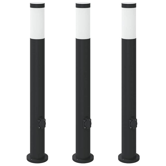 Three stainless steel bollard lights with white tops and black bases, shown in a row