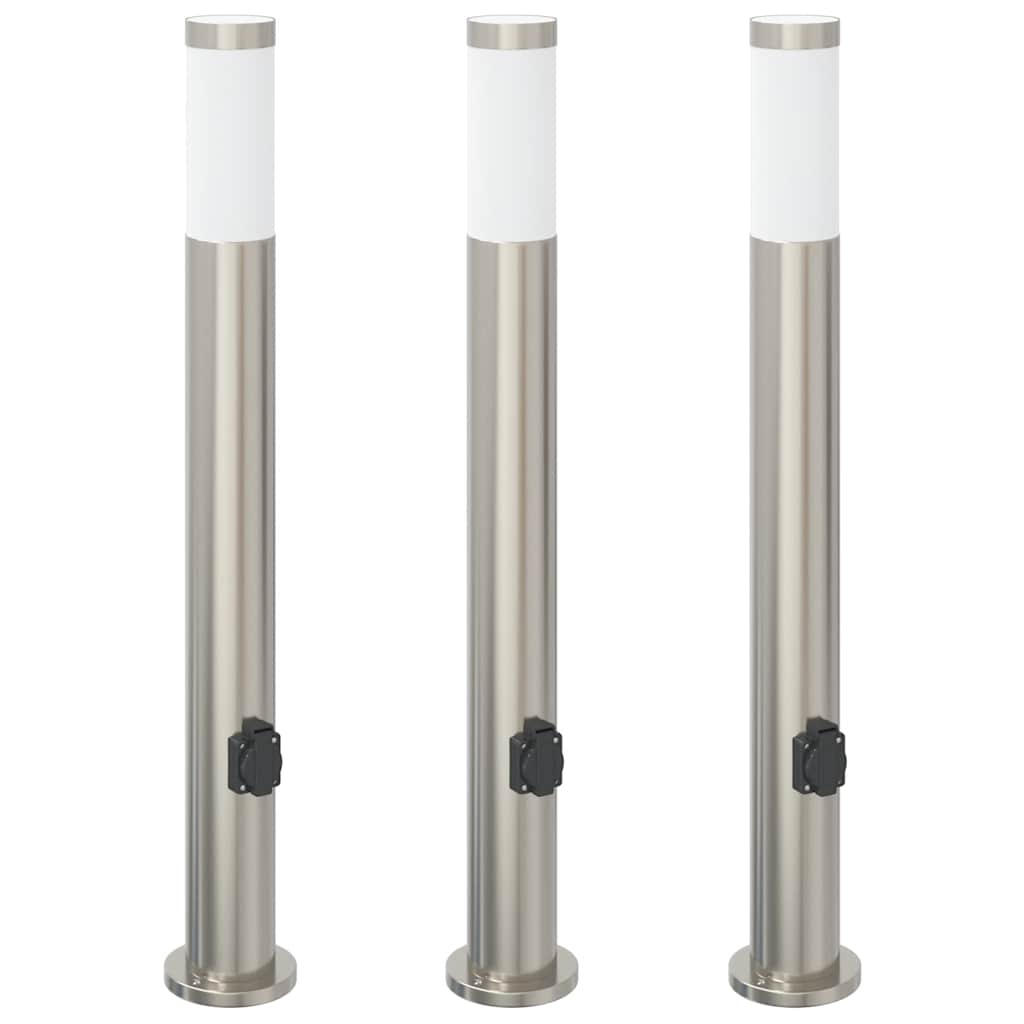 Three stainless steel bollard lights with outlets shown together