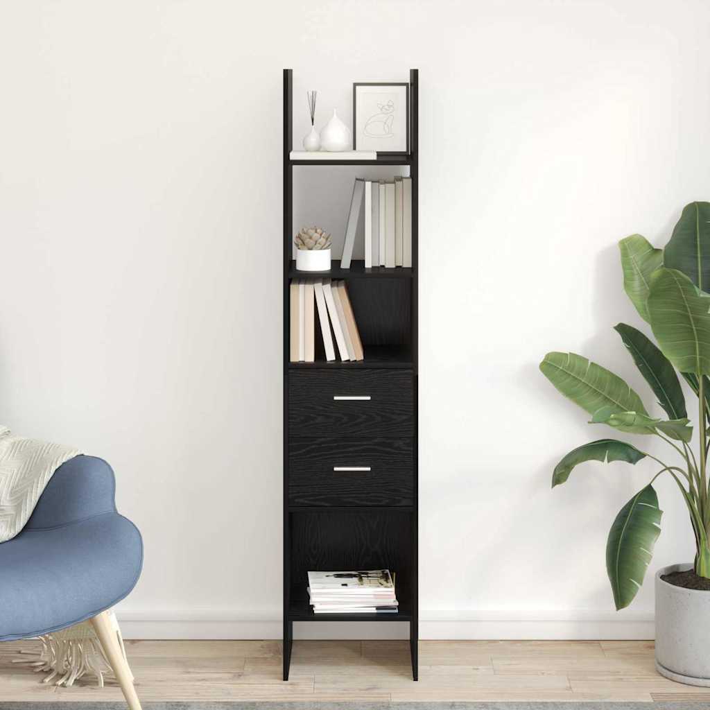 vidaXL Book Cabinet 2-Tier Engineered Wood Black oak standing in a bright living room