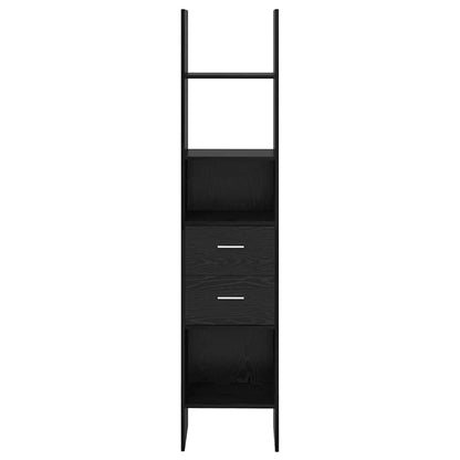 the empty black book cabinet showing the structure of the shelves and drawers