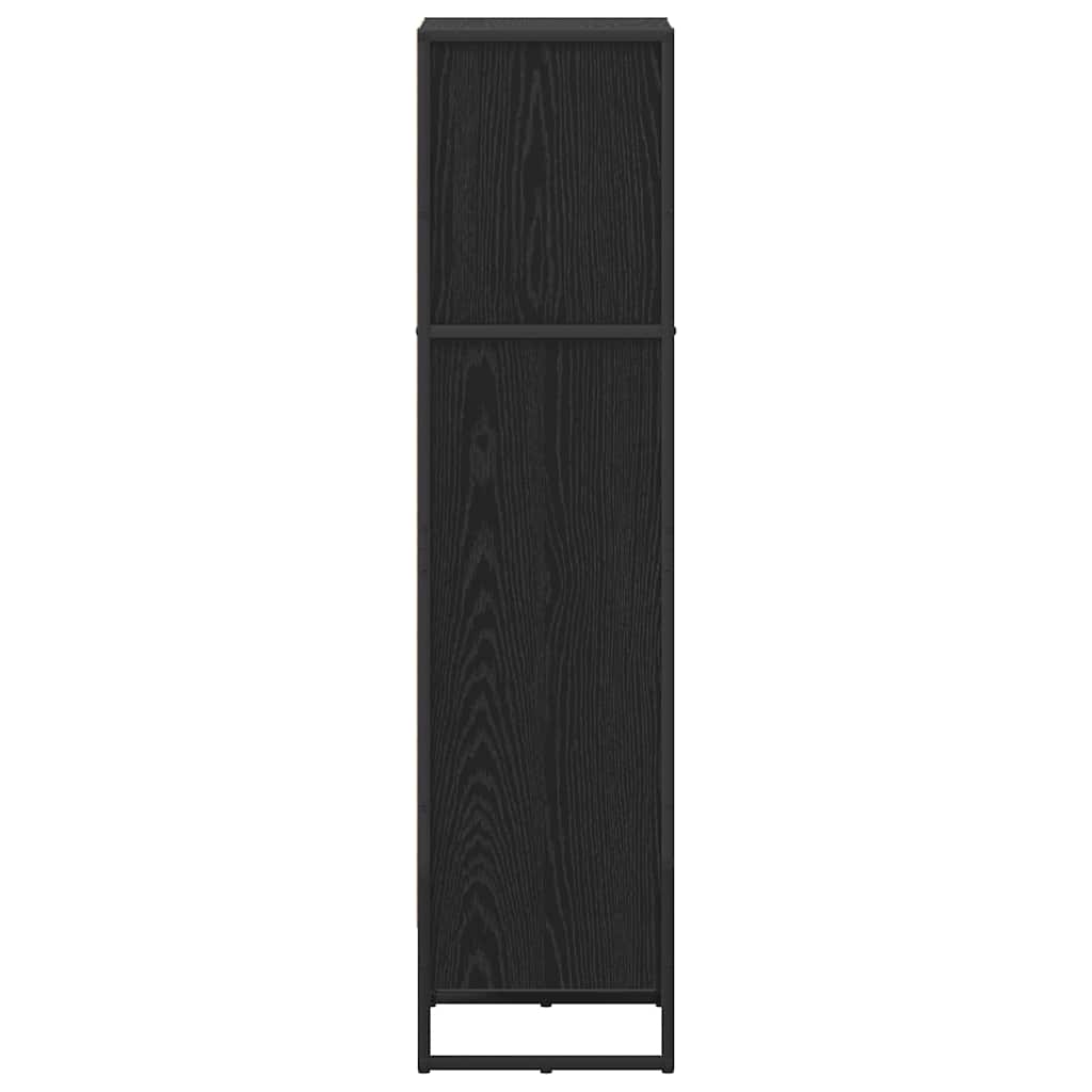 The back panel of the tall storage unit showing the dark wood finish