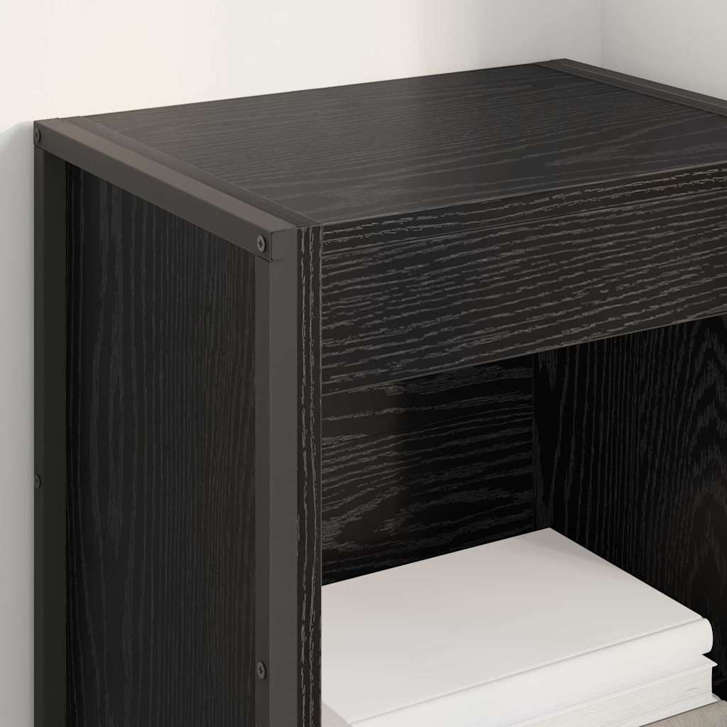 A close-up of the top shelf showing the dark wood grain texture and metal frame