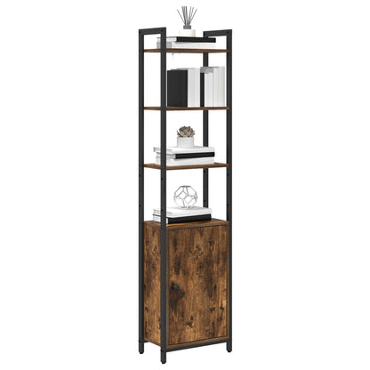 the book cabinet with books and a plant on its shelves