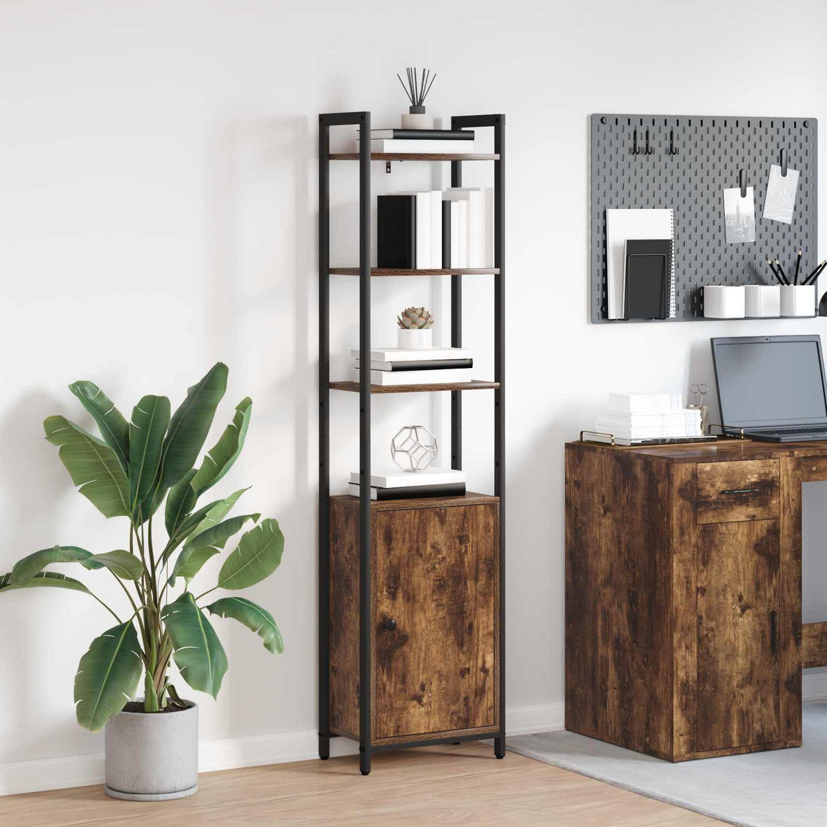vidaXL Book Cabinet 6-Tier Engineered Wood Smoked Oak standing tall in a room next to a desk and plant