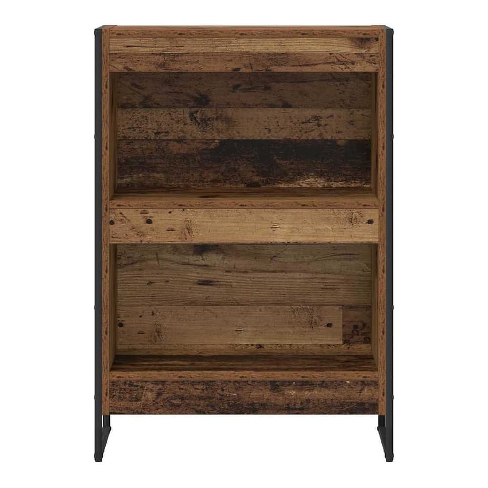 The book cabinet has two shelves with a rustic wood finish and a black metal frame