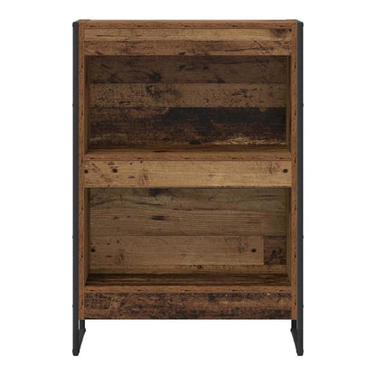 The book cabinet has two shelves with a rustic wood finish and a black metal frame