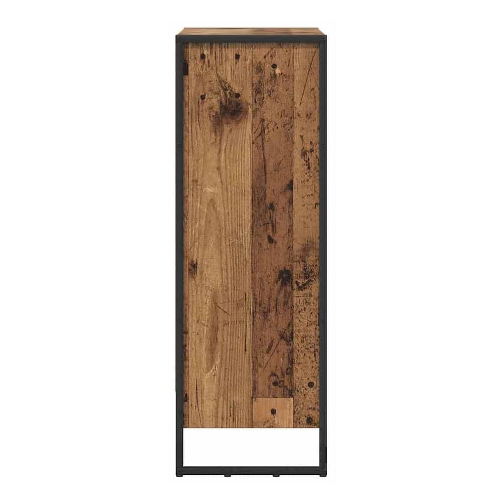 Side view of the rustic wood and black metal frame of the cabinet