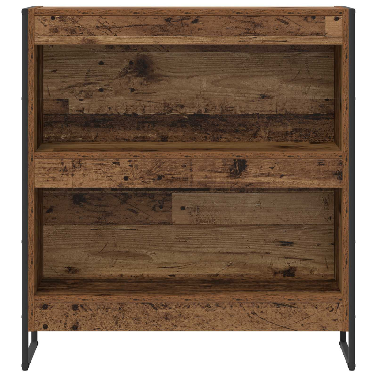 The back of the book cabinet showing the rustic wood panels