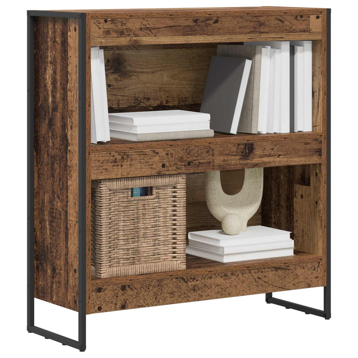 The book cabinet is styled with books and a basket
