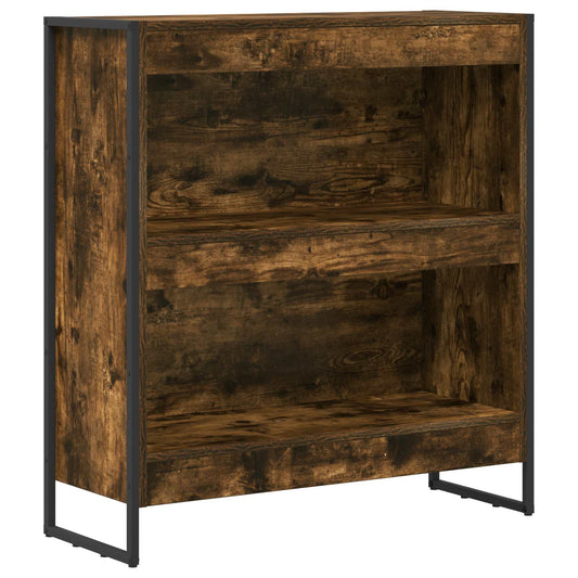 The book cabinet with two open shelves and a dark metal frame on a white background