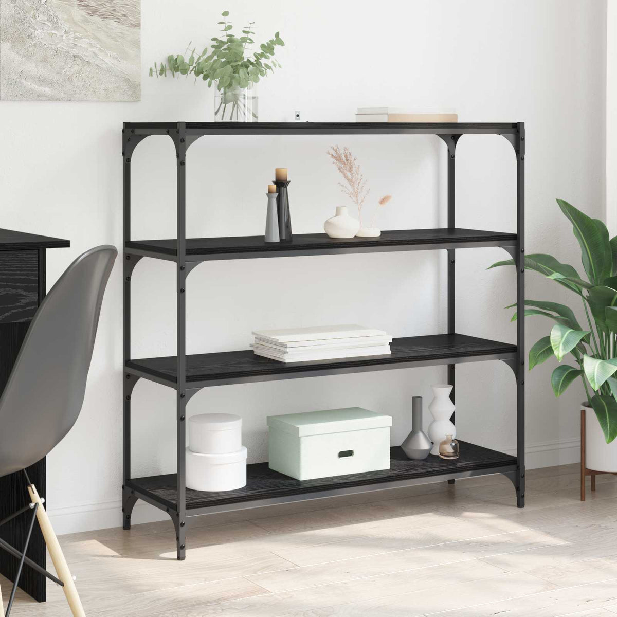 vidaXL Book Cabinet Black Oak, a three-shelf bookcase with a black oak finish and metal frame