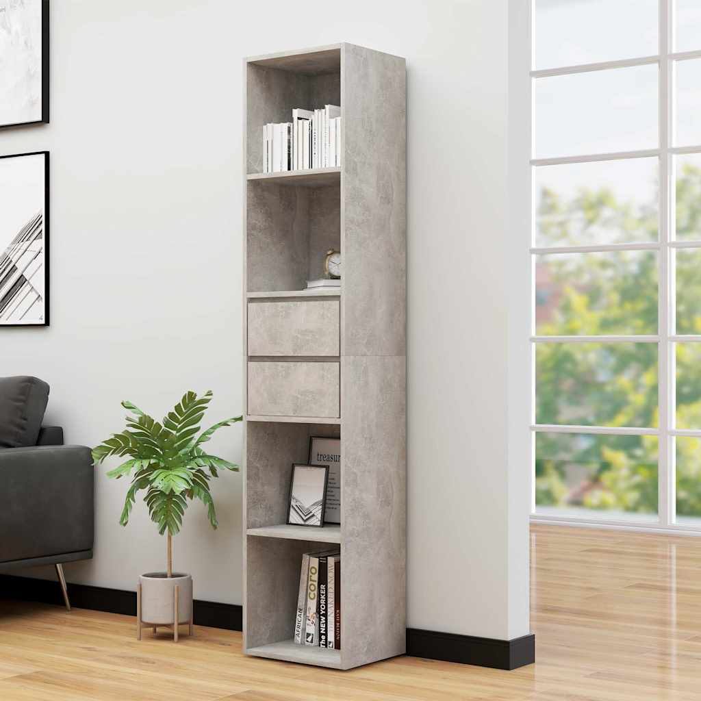 Book Cabinet Concrete Grey Engineered Wood standing in a bright living room next to a sofa