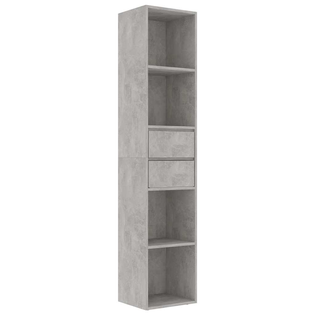 Book Cabinet Concrete Grey Engineered Wood, the tall bookcase with open shelves and two drawers against a plain white