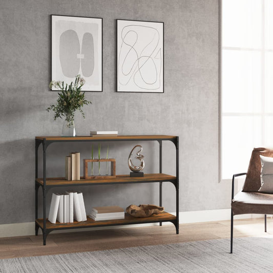 vidaXL Book Cabinet Smoked Oak Engineered Wood and Steel in a living room setting with books and decor