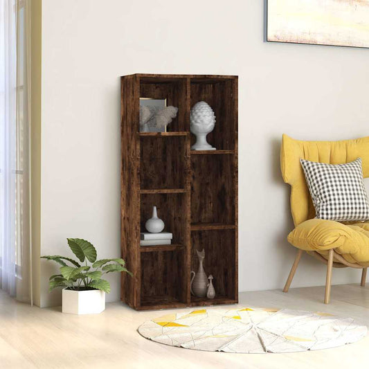 Book Cabinet Smoked Oak with eight shelves in a room setting with a plant and chair
