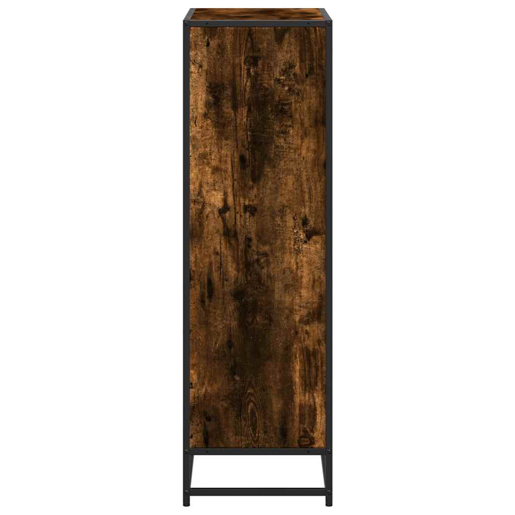 The side profile of the standing shelf showing the dark wood panel and metal legs