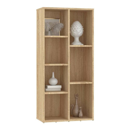 The book cabinet with decorative items on its shelves