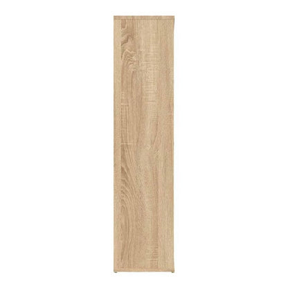 Side view of the book cabinet, showing its depth and wood grain