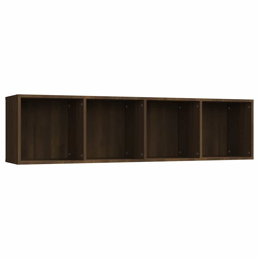 The wall mounted cabinet has four open compartments and is dark brown