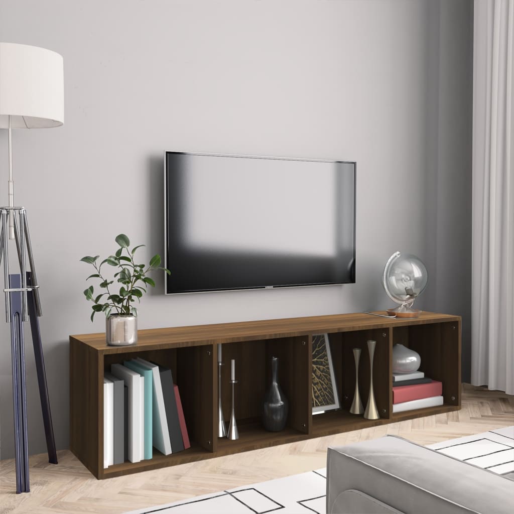 vidaXL Book Cabinet/TV Cabinet Brown Oak Engineered Wood shown in a living room setting with a TV above