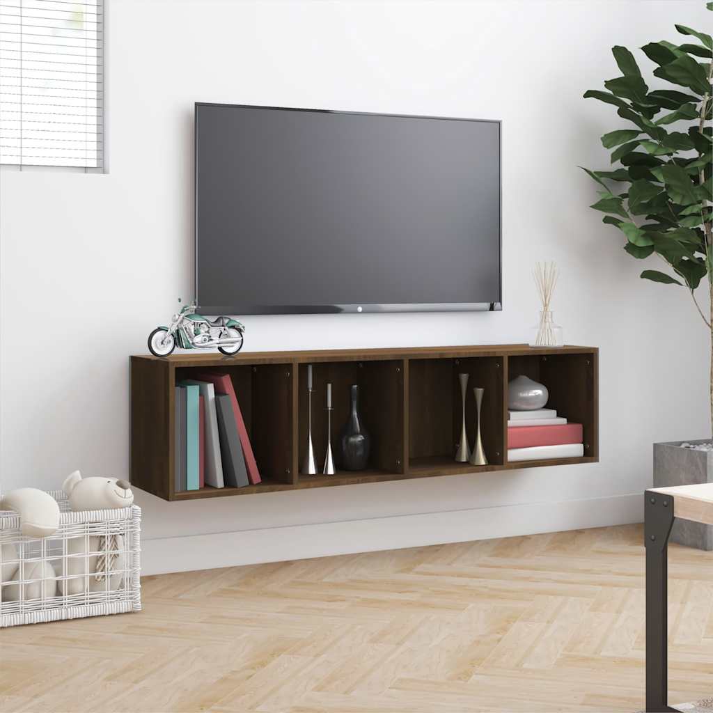 The brown oak engineered wood cabinet is mounted on a wall above a television