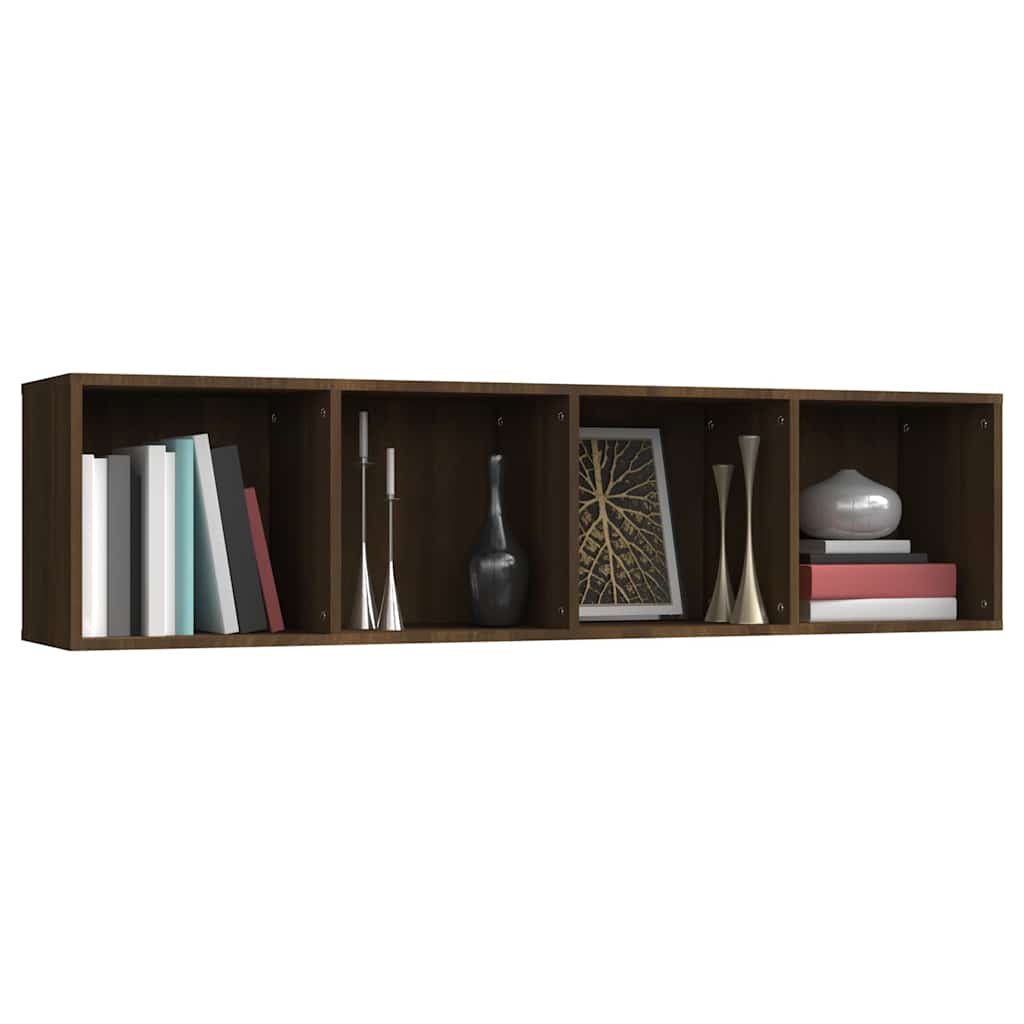 A close-up of the open shelving unit showing books and decorative vases